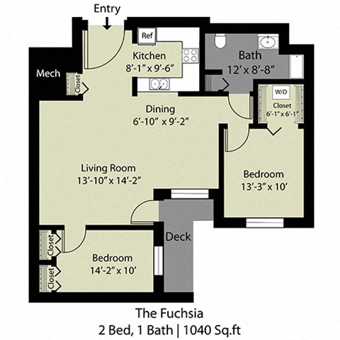 Floor plan for 2 beds, 1 bath, 1040 sqft